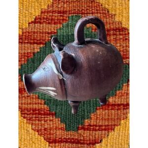 Vintage Mexican Folk Art Terracotta Piggy Bank with Handle 5” Brown Pottery